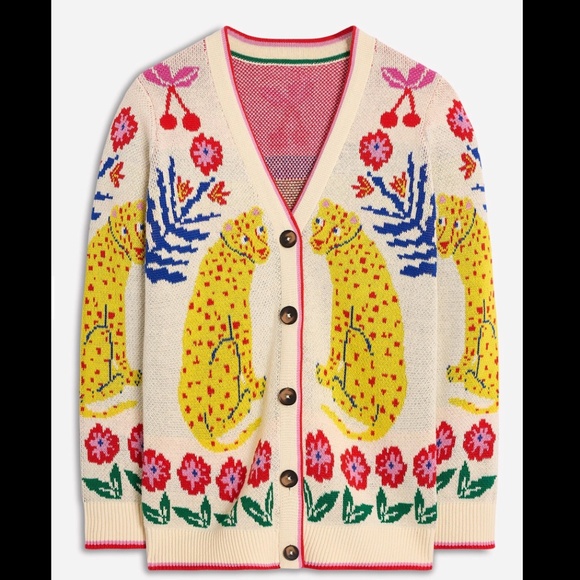 NWT - BODEN Jacquard Boyfriend Cardigan (Warm Ivory, Leopard / Small) - Picture 1 of 4